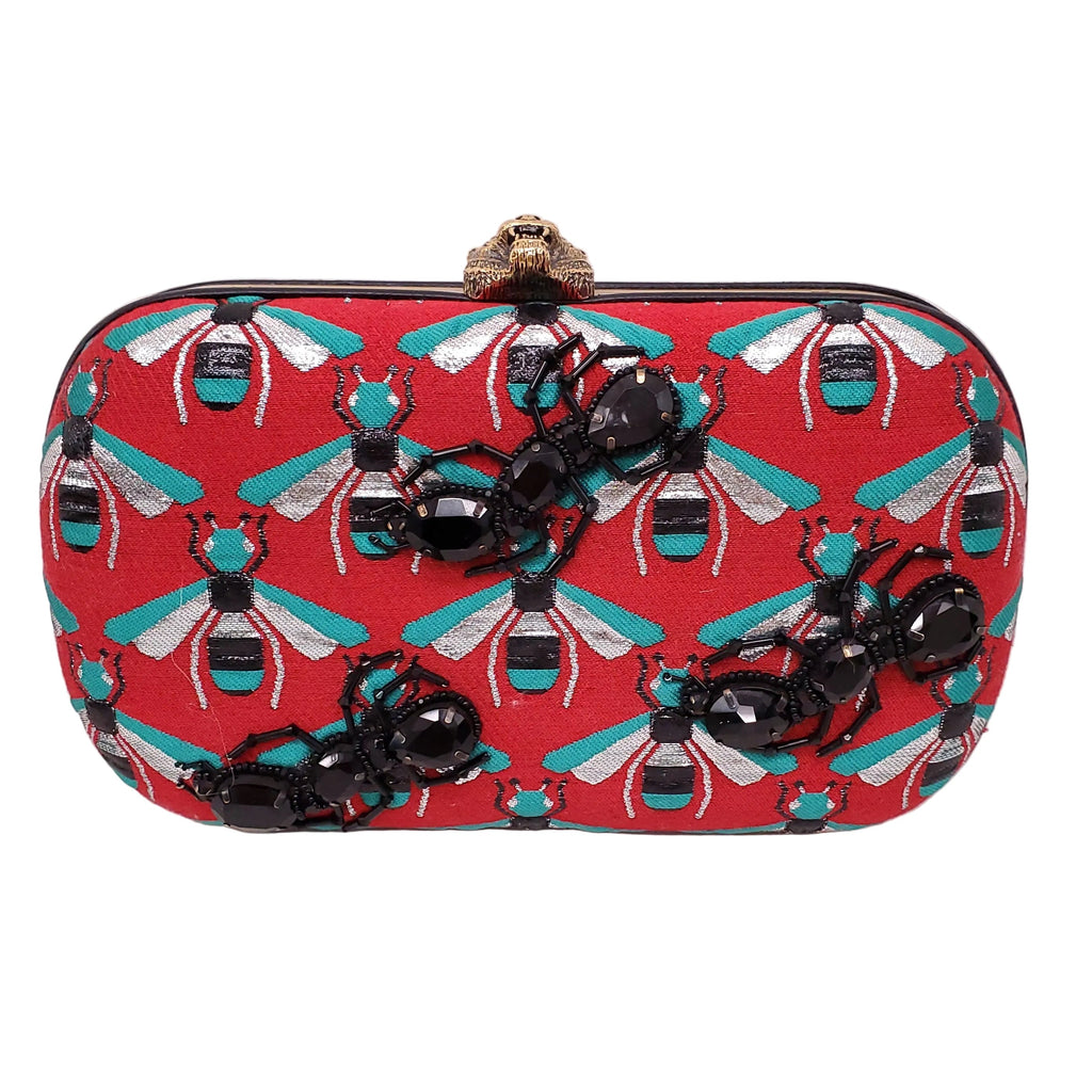 GUCCI EMBROIDERED BEE CLUTCH WITH SEQUIN DETAILS