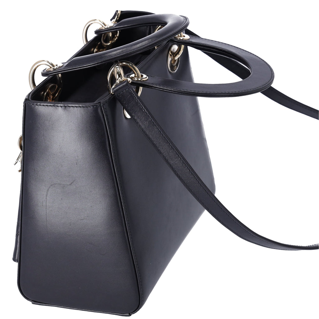 Christian Dior Lady Dior Medium Bag Handbag Black Blue Calf Skin