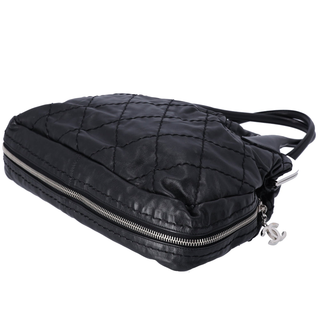 CHANEL Wild Stitch Expandable Frame Tote Bag Black Leather