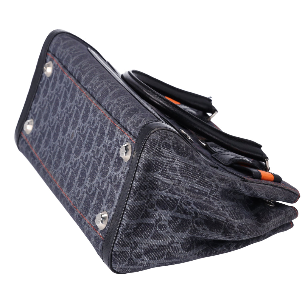 Christian Dior Flight Handbag Dark Gray Orange Multi Denim Leather