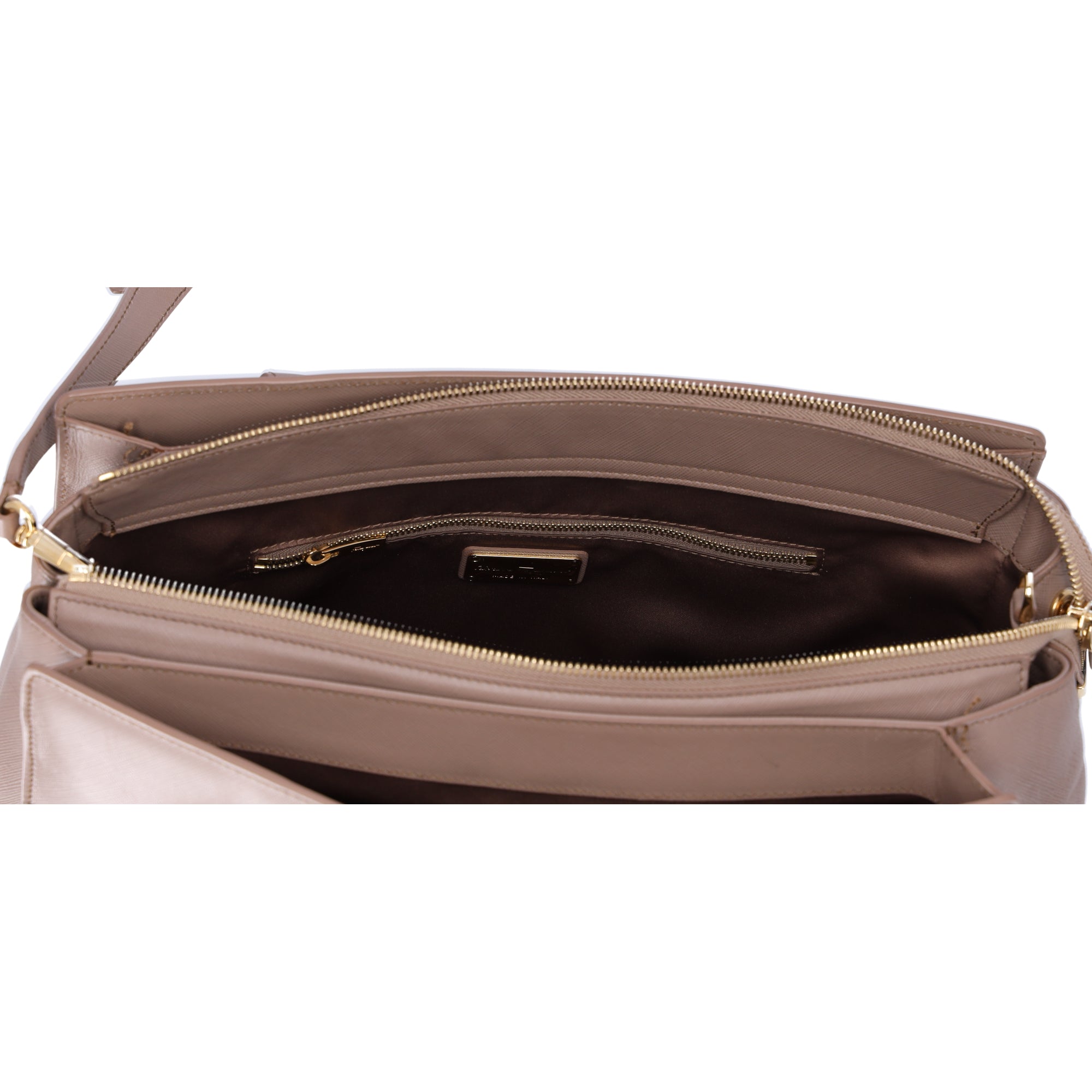 Salvatore Ferragamo Beky Triple Compartment Tote Taupe Saffiano Leather