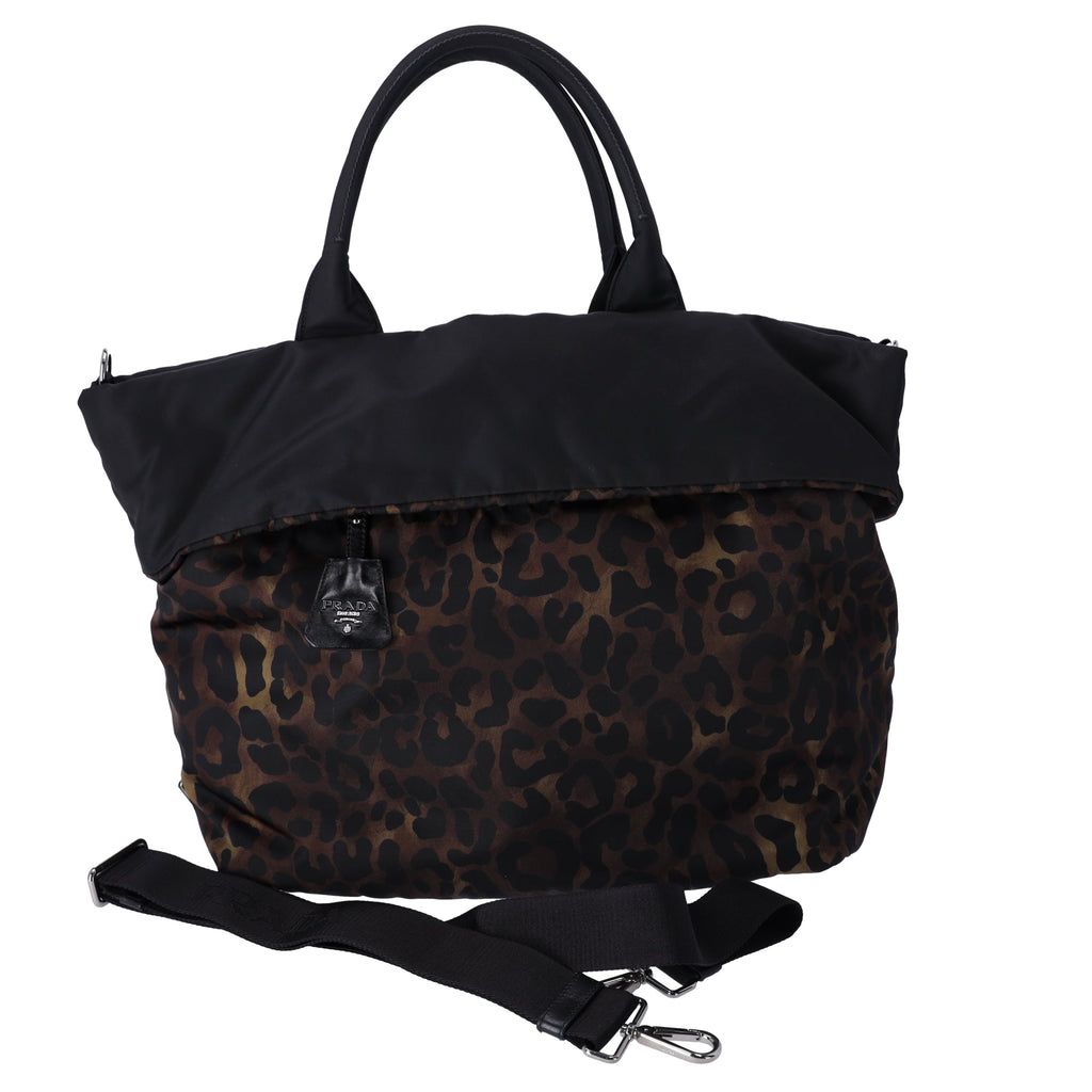 Prada Tessuto Reversible Leopard Print Nylon Tote Bag Brown