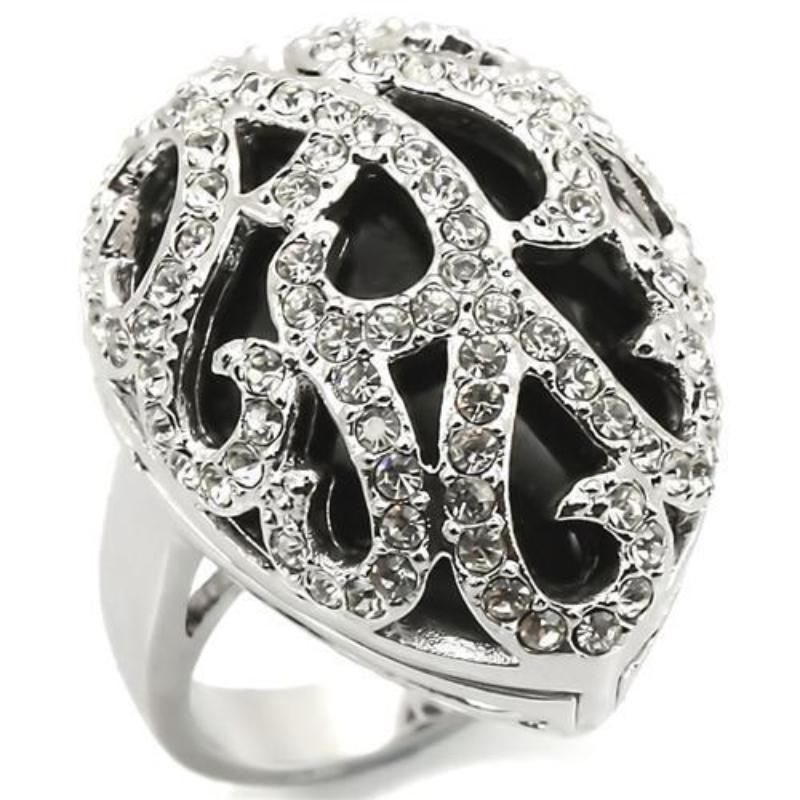 Rhodium Brass Ring with Semi-Precious Agate in Jet