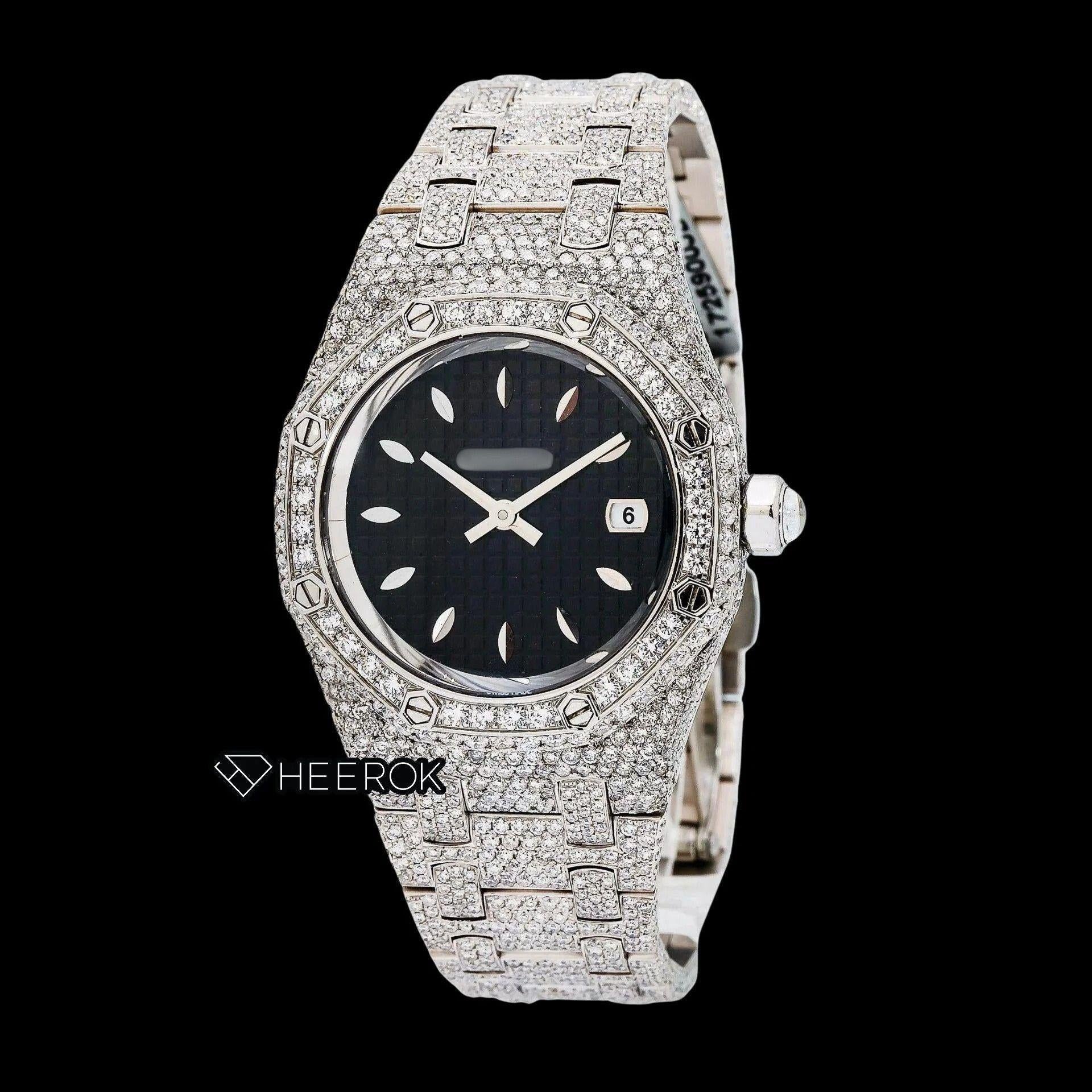 AP Royal Oak Black Dial Oval Markers Diamond Bezel Fully Iced Out Moissanite Diamond Watch For Women