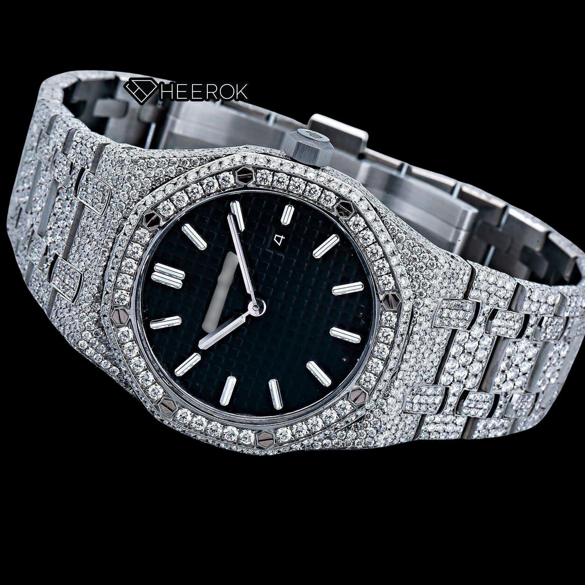 AP Royal Oak Black Dial White Stick Markers Diamond Bezel Fully Iced Moissanite Diamond Watch For Women