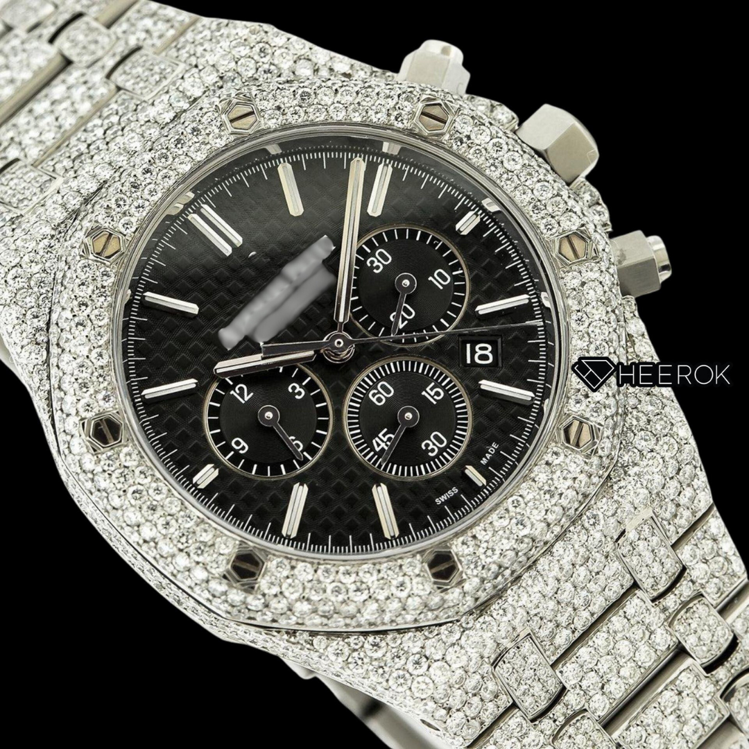 AP Royal Oak Chronograph Black Dial White Stick Markers Pave Diamond Bezel Fully Iced Out Moissanite Watch