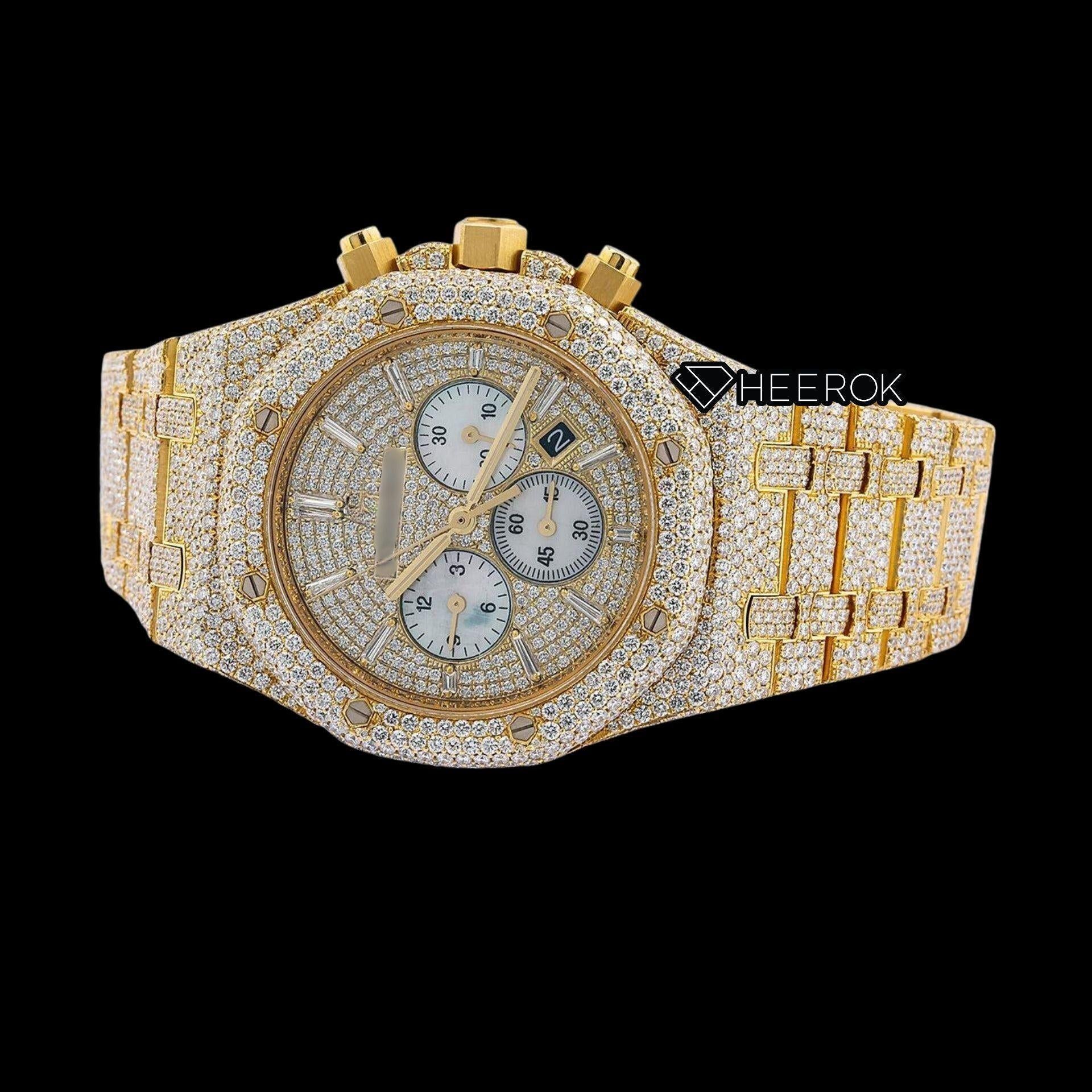 AP Royal Oak Chronograph Full Pave Diamond Dial Baguette Diamond Markers Diamond Bezel Yellow Gold Fully Iced Out Moissanite Watch