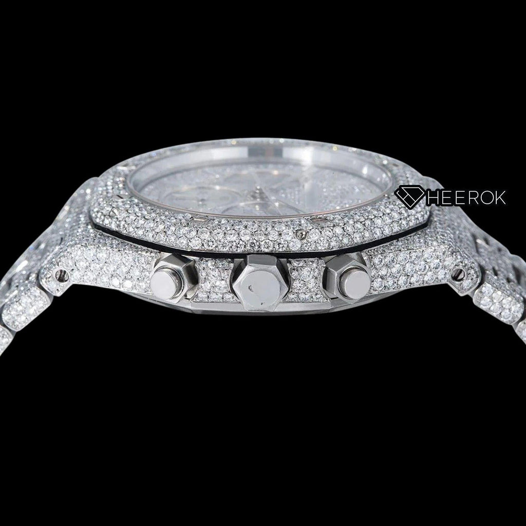 AP Royal Oak Chronograph Full Pave Diamond Dial White Stick Markers Diamond Bezel Fully Iced Out Moissanite Watch