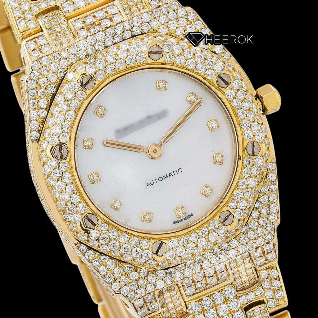 AP Royal Oak Diamond Markers White Dial Yellow Gold Diamond Bezel Fully Iced Out Yellow Gold Moissanite Watch For Women
