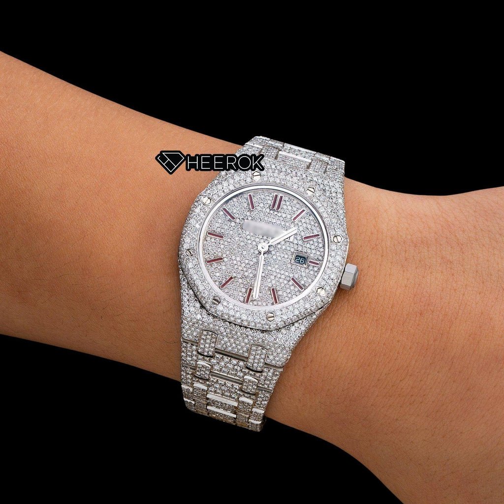 AP Royal Oak Full Pave Dial Red Stick Markers Diamond Bezel Full Iced Out Moissanite Diamond Watch For Women