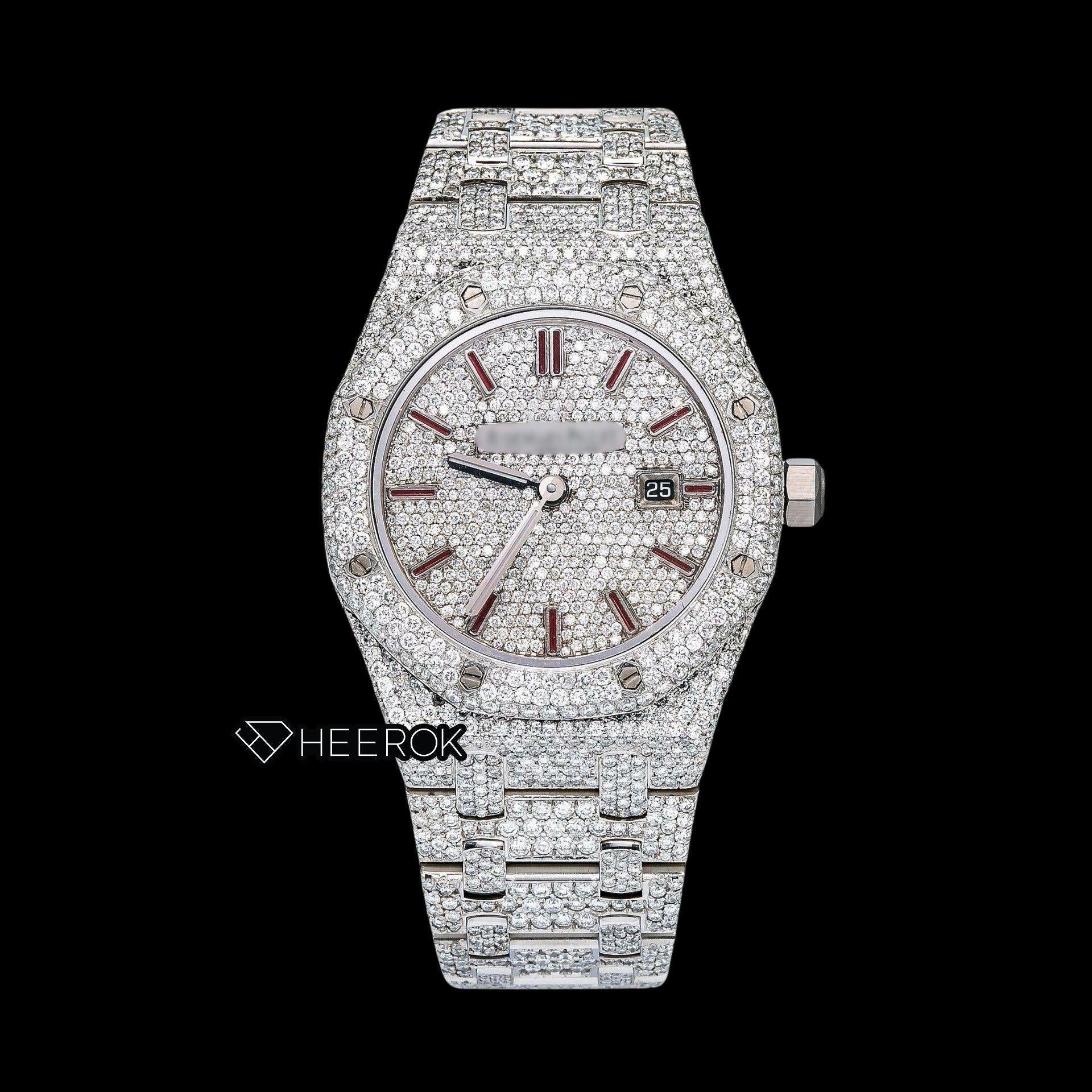 AP Royal Oak Full Pave Dial Red Stick Markers Diamond Bezel Full Iced Out Moissanite Diamond Watch For Women