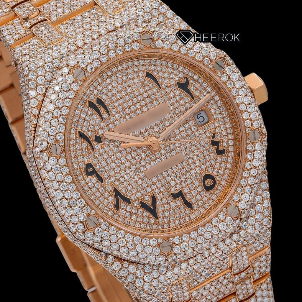 AP Royal Oak Full Pave Diamond Dial Black Arabic Numerals Diamond Bezel Fully Iced Out Rose Gold Moissanite Watch