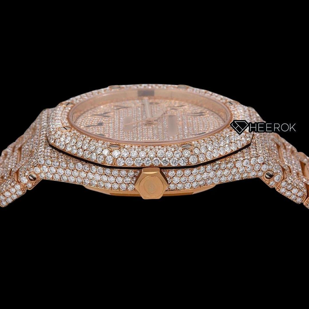 AP Royal Oak Full Pave Diamond Dial Black Arabic Numerals Diamond Bezel Fully Iced Out Rose Gold Moissanite Watch