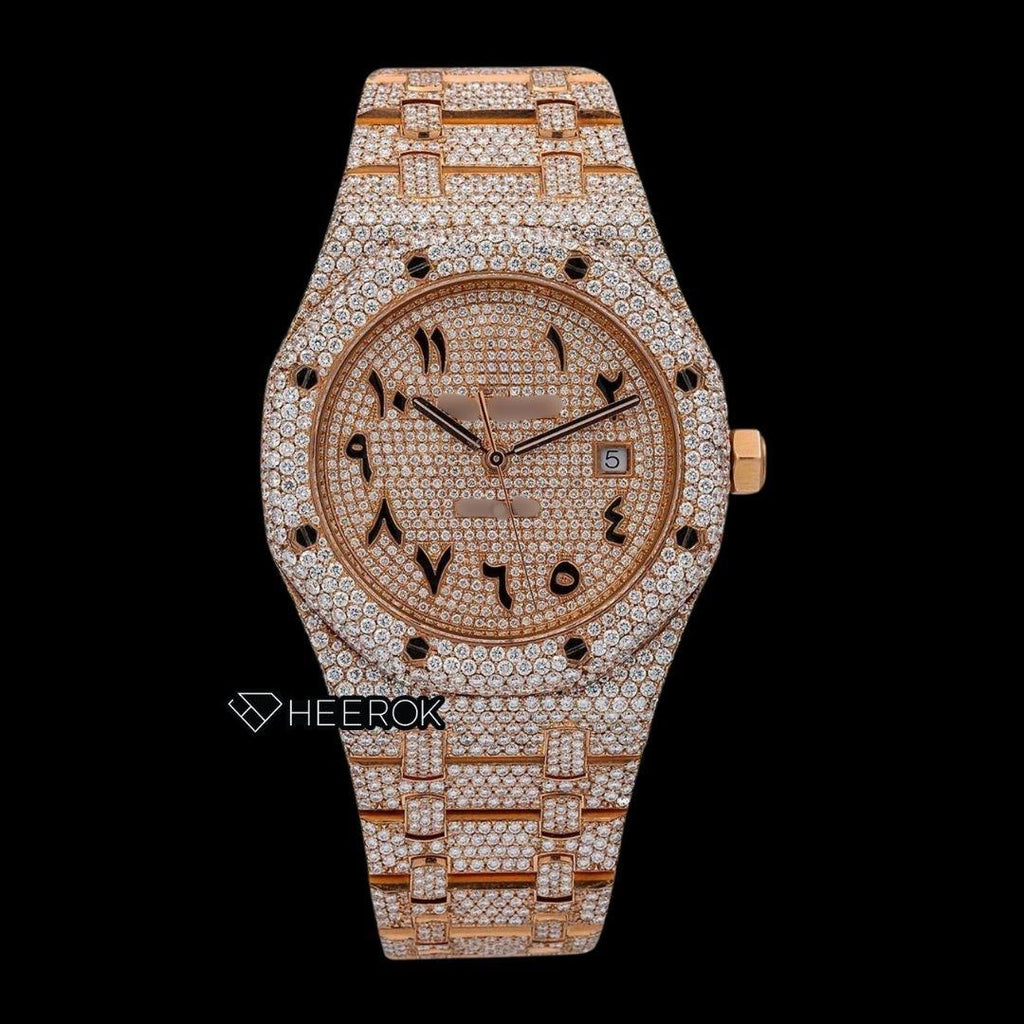 AP Royal Oak Full Pave Diamond Dial Black Arabic Numerals Diamond Bezel Fully Iced Out Rose Gold Moissanite Watch