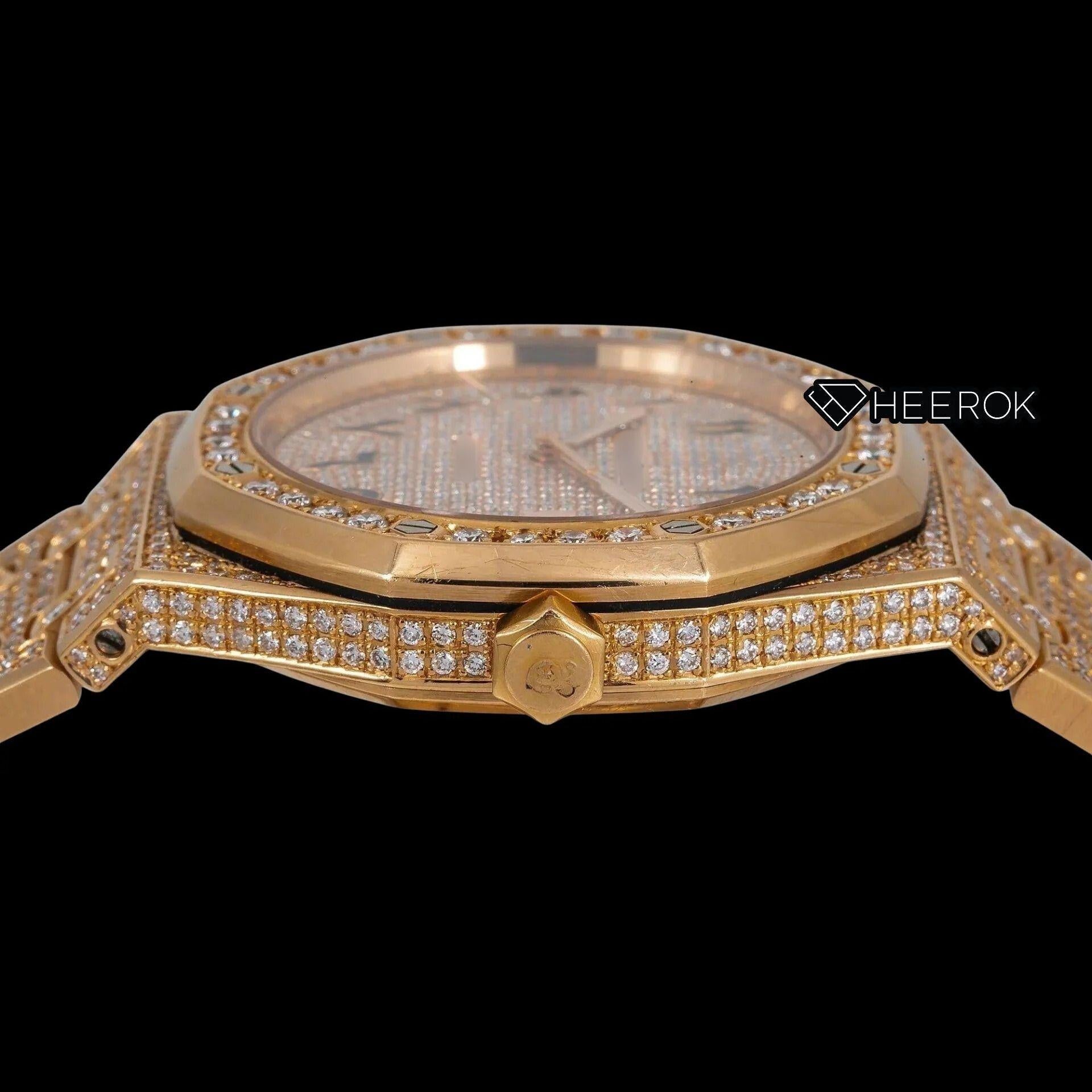AP Royal Oak Full Pave Diamond Dial Black Arabic Numerals Large Round Diamond Bezel Fully Iced Yellow Gold Moissanite Watch