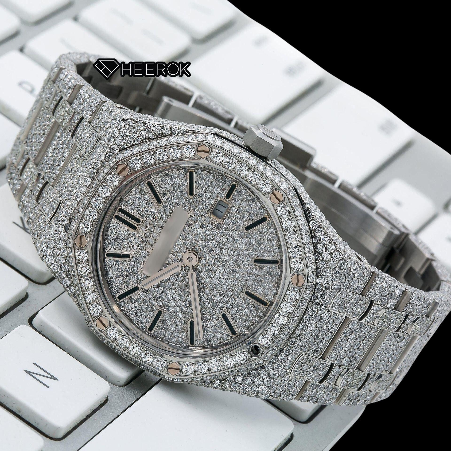 AP Royal Oak Full Pave Diamond Dial Black Stick Markers Diamond Bezel Fully Iced Out Moissanite Watch For Women
