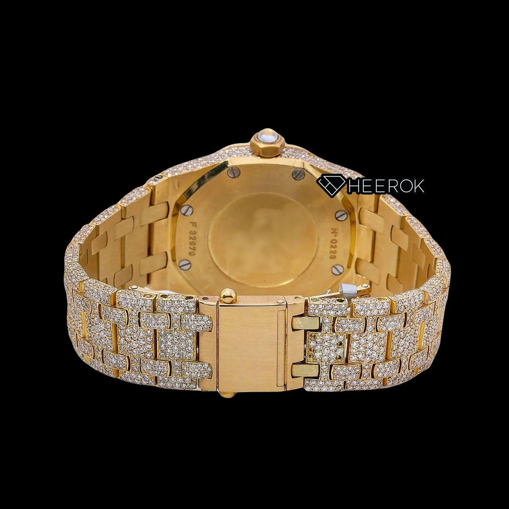 AP Royal Oak Full Pave Diamond Dial Brown Arabic Numerals Diamond Bezel Yellow Gold Fully Iced Out Moissanite Watch For Women