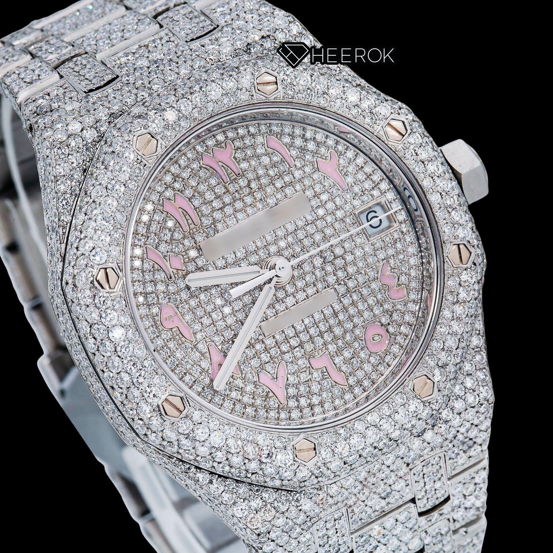 AP Royal Oak Full Pave Diamond Dial Pink Arabic Numerals Diamond Bezel Moissanite Diamond Watch