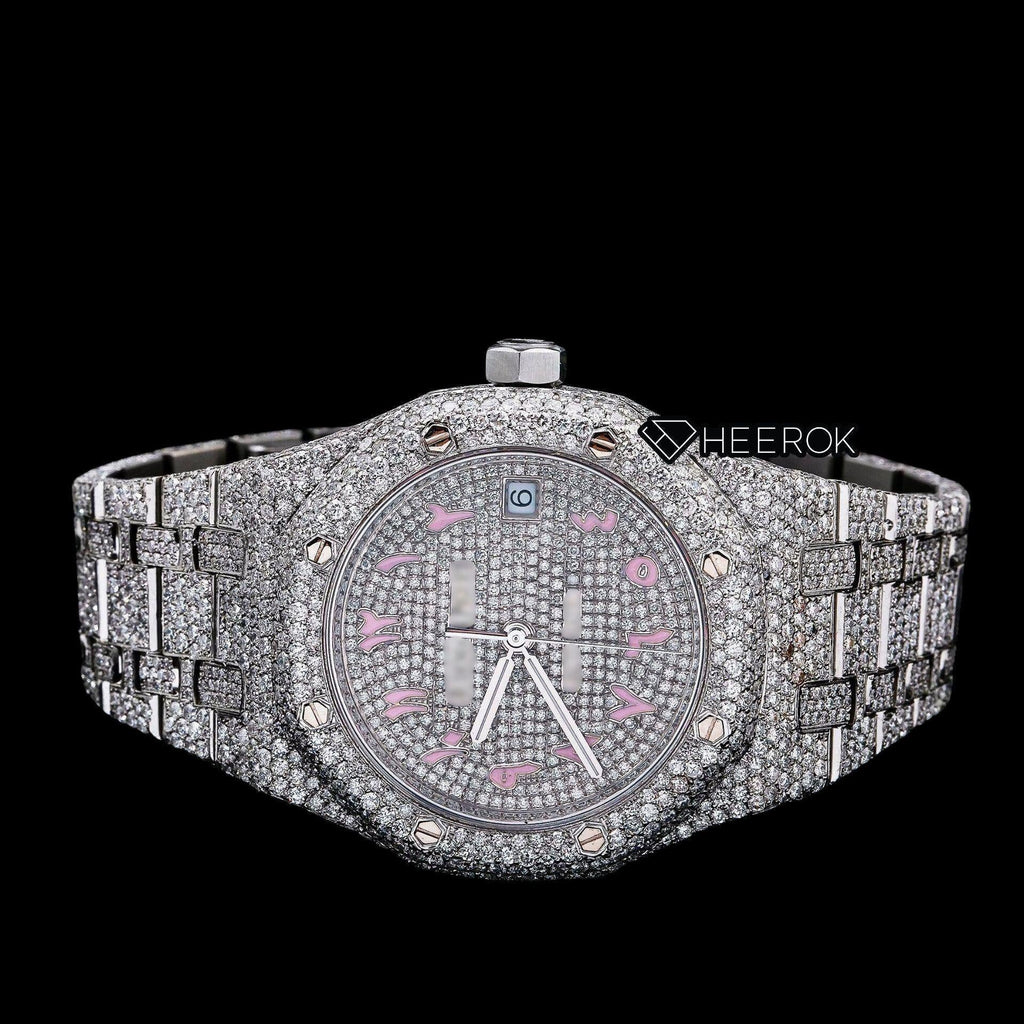 AP Royal Oak Full Pave Diamond Dial Pink Arabic Numerals Diamond Bezel Moissanite Diamond Watch