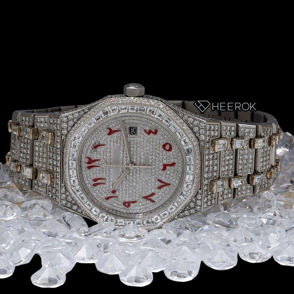 AP Royal Oak Full Pave Diamond Dial Red Arabic Numerals Baguette Diamond Bezel Fully Iced Out Moissanite Watch