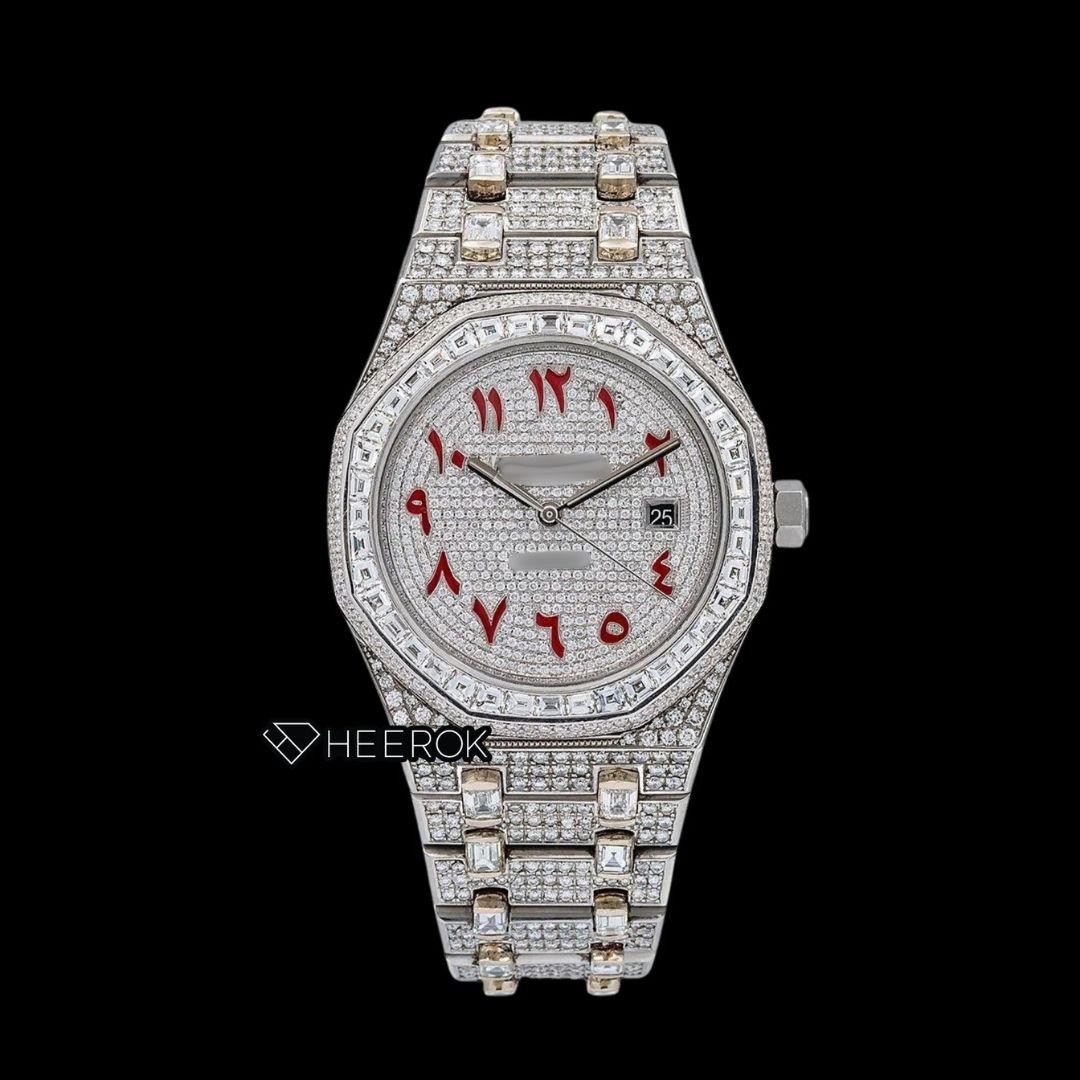 AP Royal Oak Full Pave Diamond Dial Red Arabic Numerals Baguette Diamond Bezel Fully Iced Out Moissanite Watch