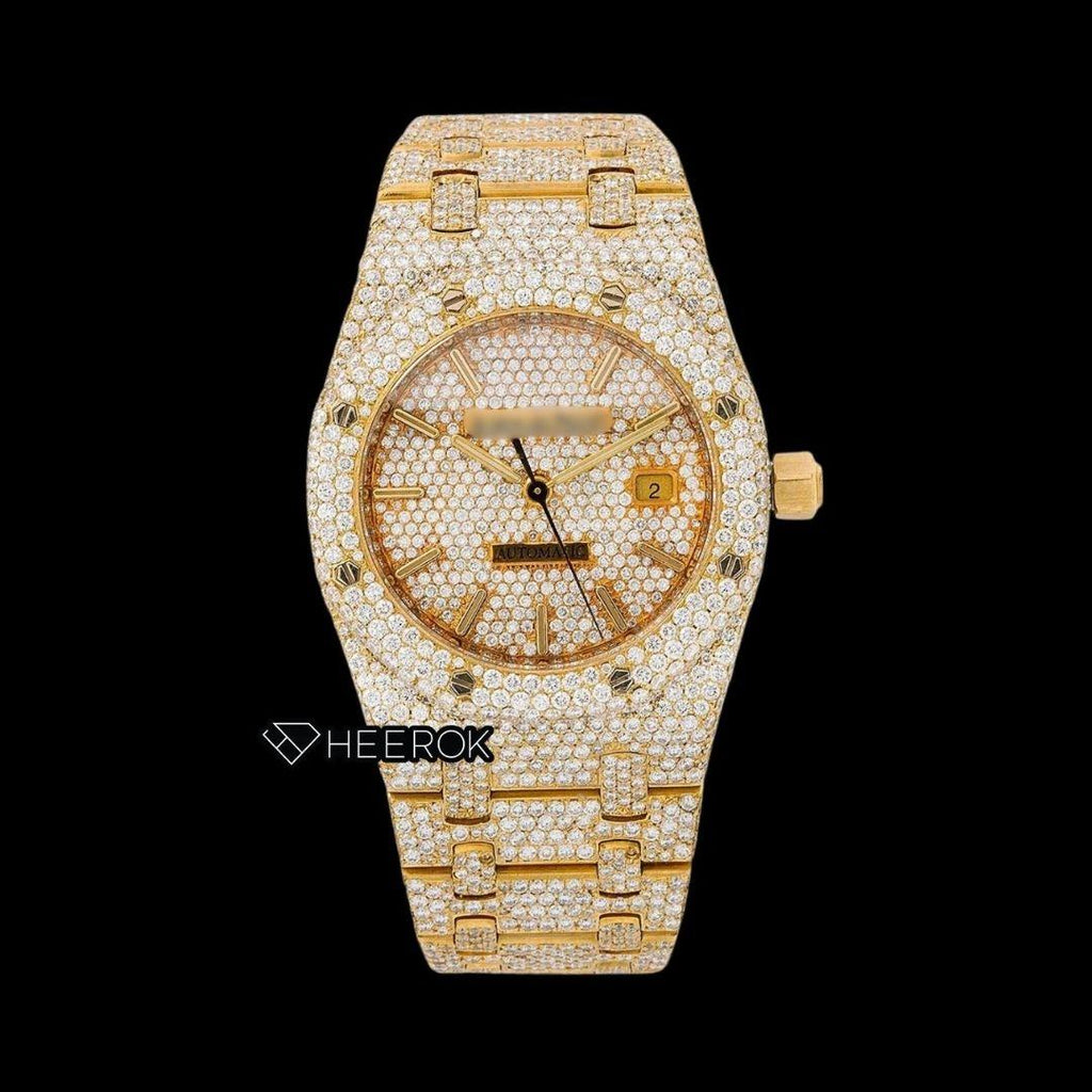 AP Royal Oak Full Pave Diamond Dial Stick Markers Yellow Gold Diamond Bezel Fully Iced Out Yellow Gold Moissanite Watch For Women
