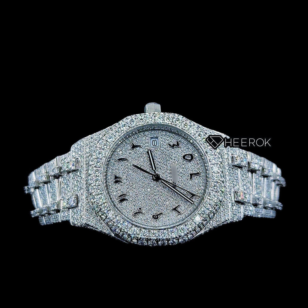 AP Royal Oak Fully Iced Out White Dial Black Arabic Numerals Diamond Bezel Moissanite Diamond Bracelet