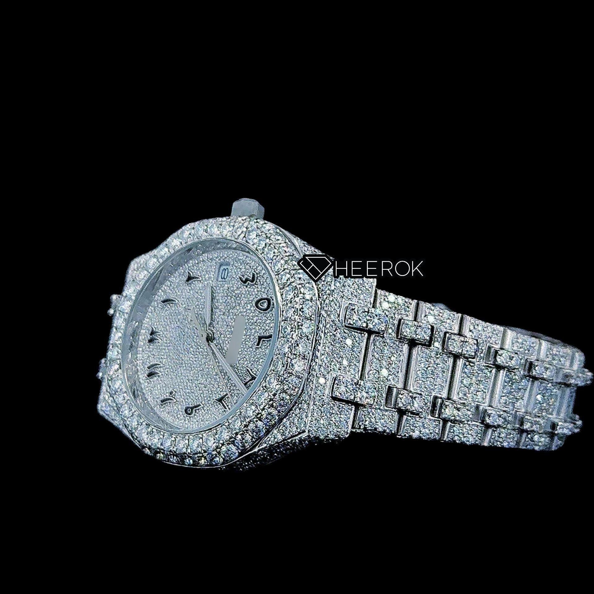 AP Royal Oak Fully Iced Out White Dial Black Arabic Numerals Diamond Bezel Moissanite Diamond Bracelet