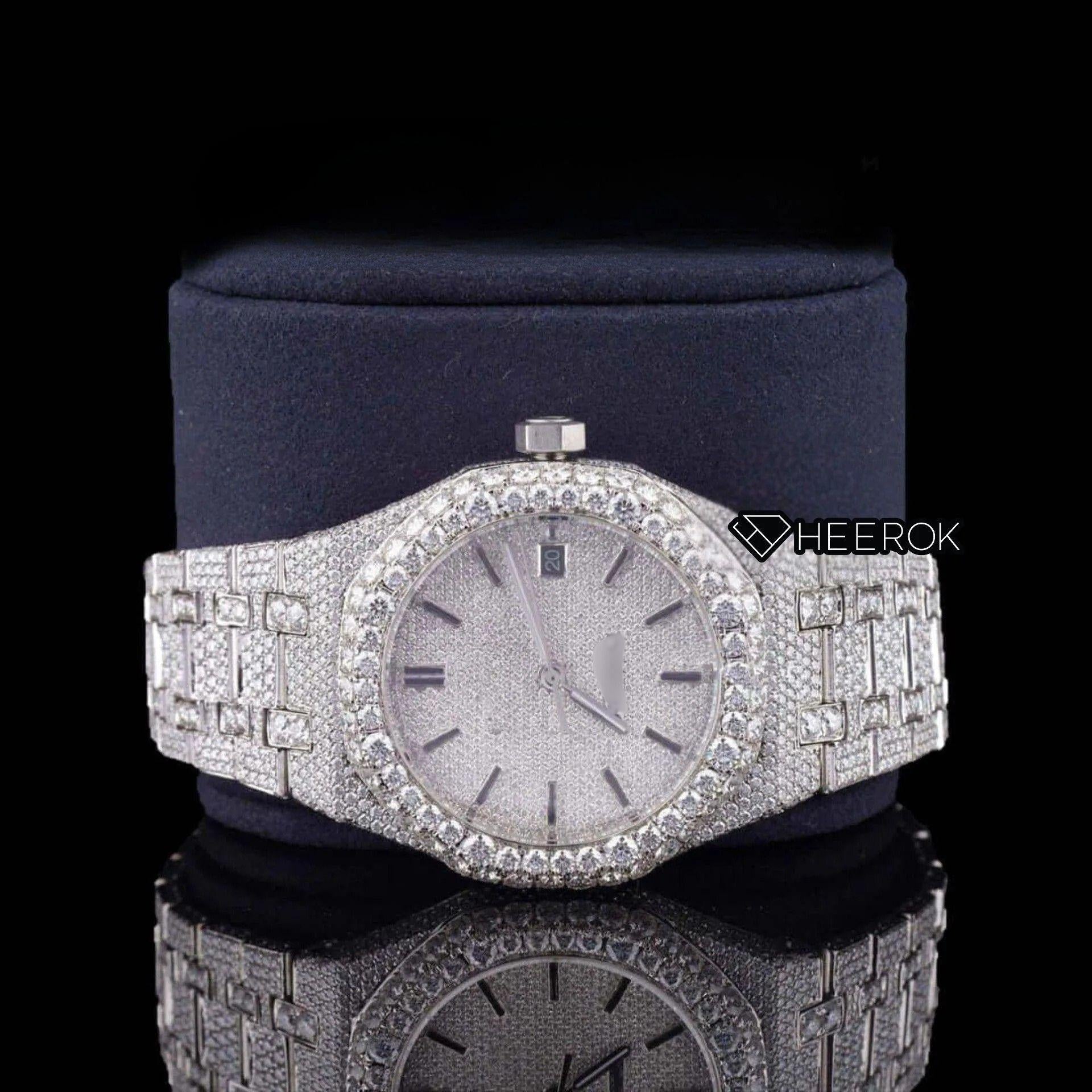 AP Royal Oak Fully Iced Out White Dial Stick Markers Diamond Bezel Moissanite Diamond Bracelet