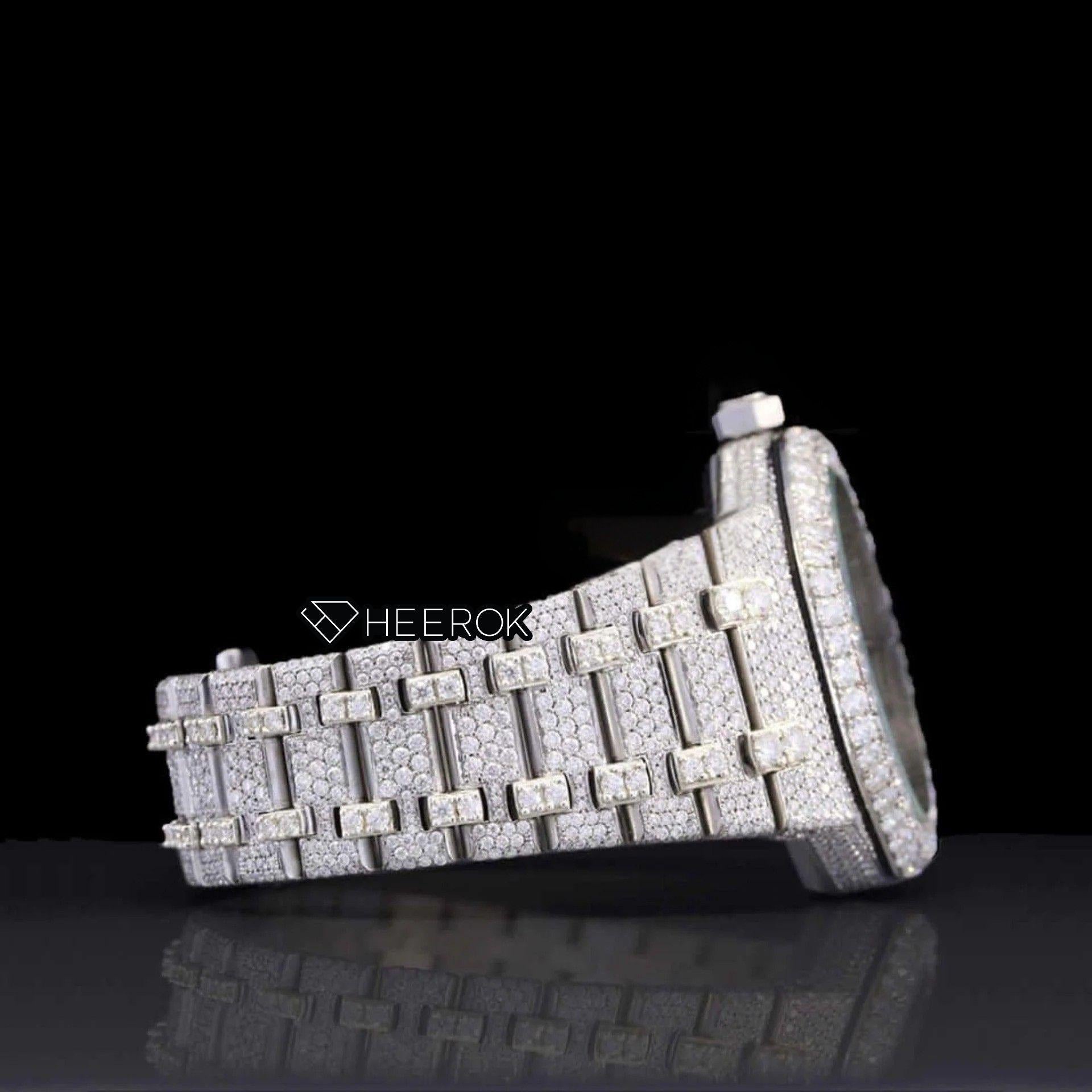 AP Royal Oak Fully Iced Out White Dial Stick Markers Large Round Diamond Bezel Moissanite Diamond