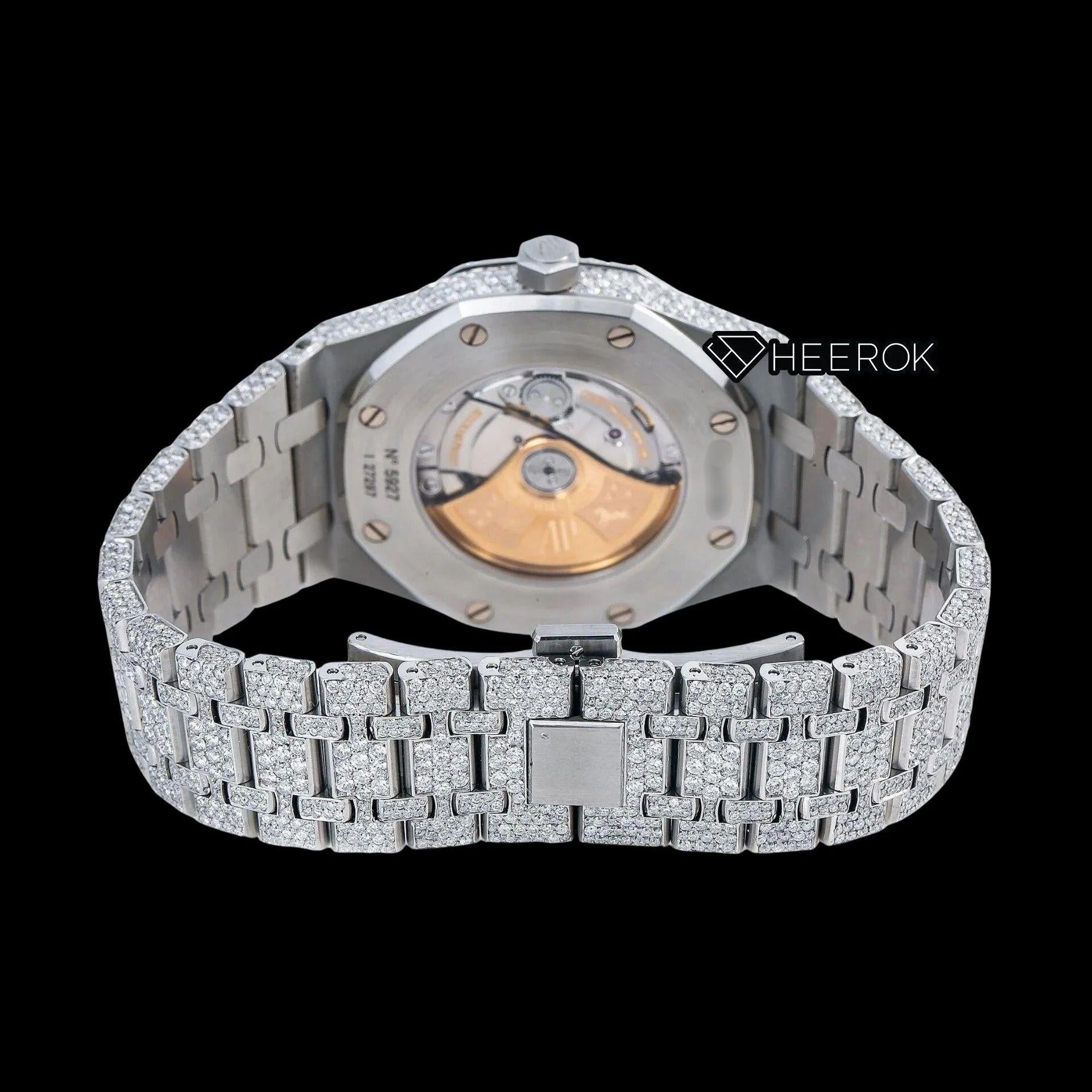 AP Royal Oak Fully Iced White Dial Baguette Diamond Markers Diamond Bezel Moissanite Diamond Watch