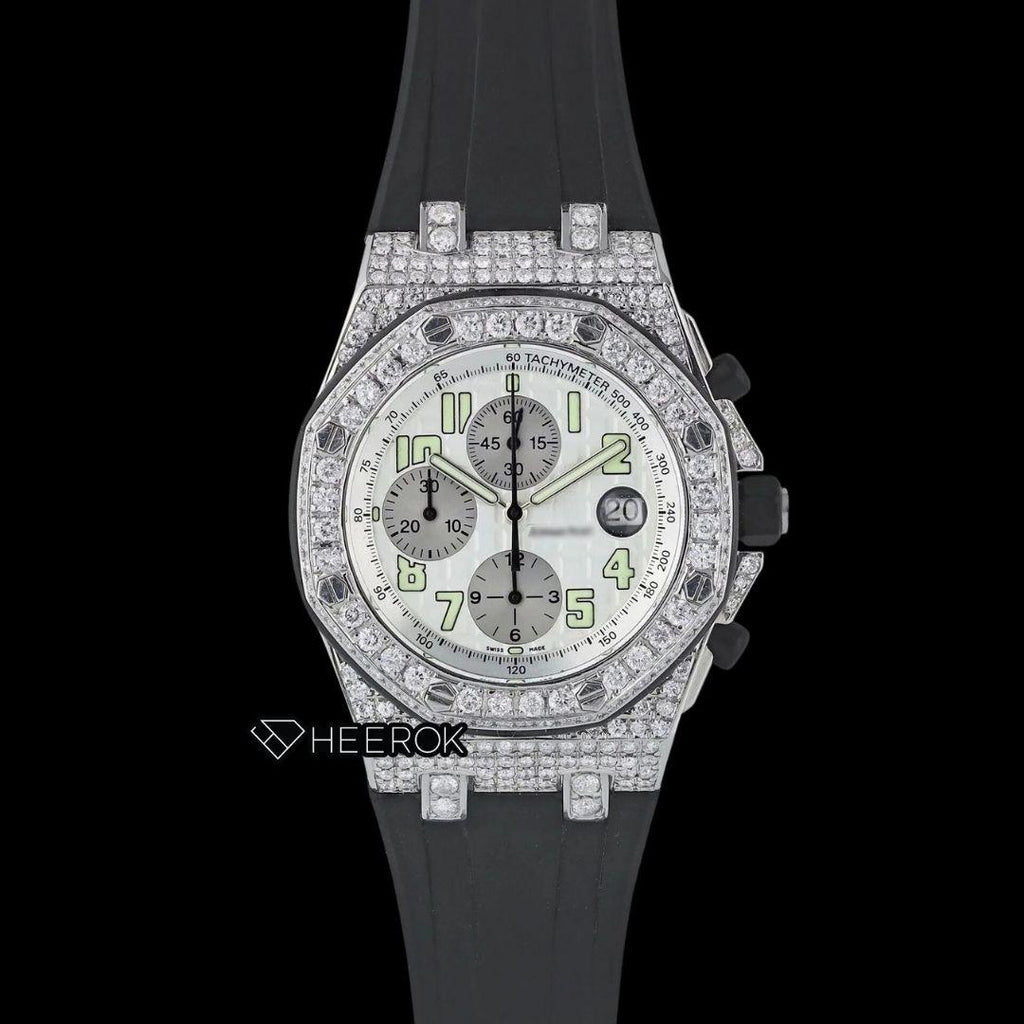 AP Royal Oak Offshore Charonograph Standard Numerals White Dial Diamond Bezel Black Rubber Strap Semi Iced Out Moissanite Watch