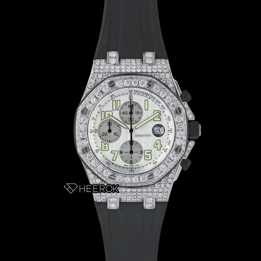AP Royal Oak Offshore Charonograph Standard Numerals White Dial Diamond Bezel Black Rubber Strap Semi Iced Out Moissanite Watch