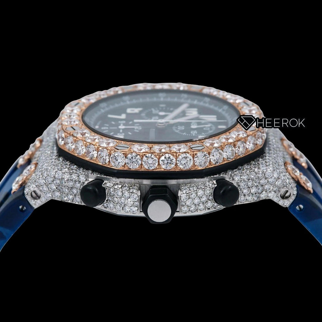 AP Royal Oak Offshore Chronograph Black Dial Standard Numerals Large Round Diamond Rose Gold Bezel Blue Camouflage Rubber Strap Semi Iced Out Moissanite Watch