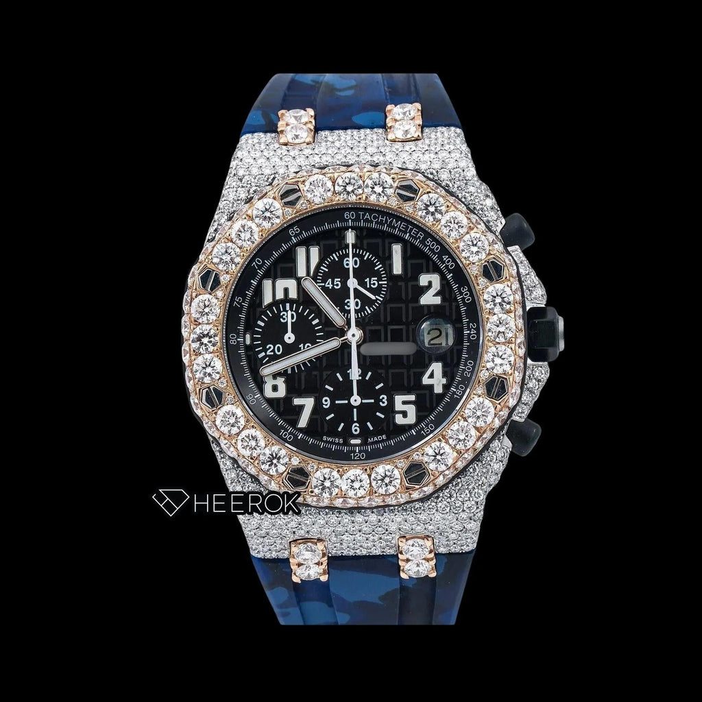 AP Royal Oak Offshore Chronograph Black Dial Standard Numerals Large Round Diamond Rose Gold Bezel Blue Camouflage Rubber Strap Semi Iced Out Moissanite Watch