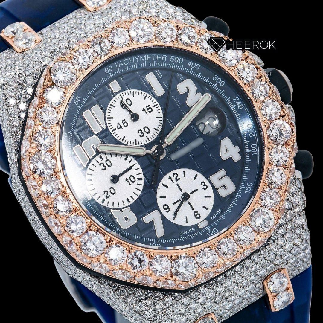 AP Royal Oak Offshore Chronograph Blue Dial Standard Numerals Rose Gold Large Round Diamond Bezel Blue Rubber Strap Semi Iced Out Moissanite Watch