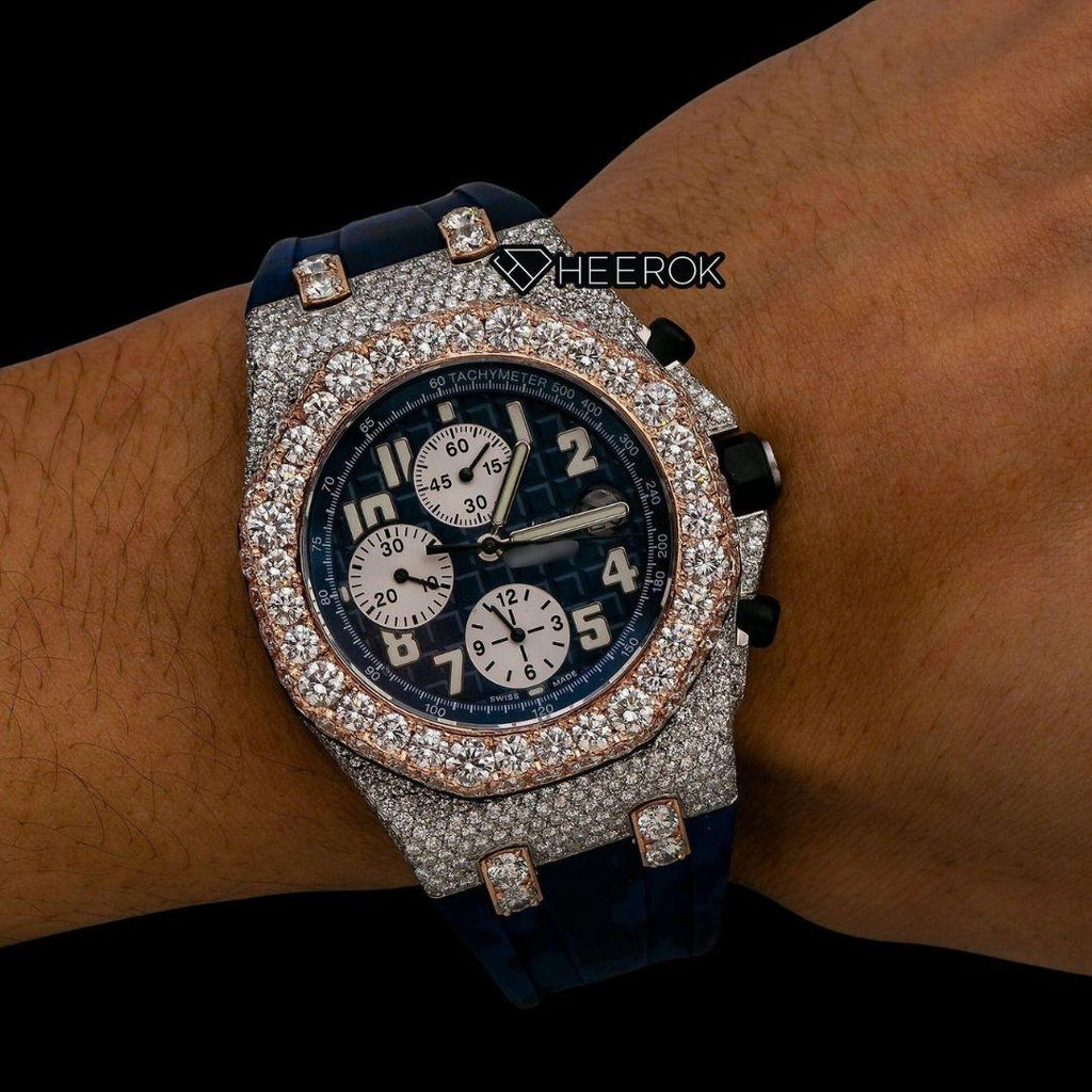 AP Royal Oak Offshore Chronograph Blue Dial Standard Numerals Rose Gold Large Round Diamond Bezel Blue Rubber Strap Semi Iced Out Moissanite Watch