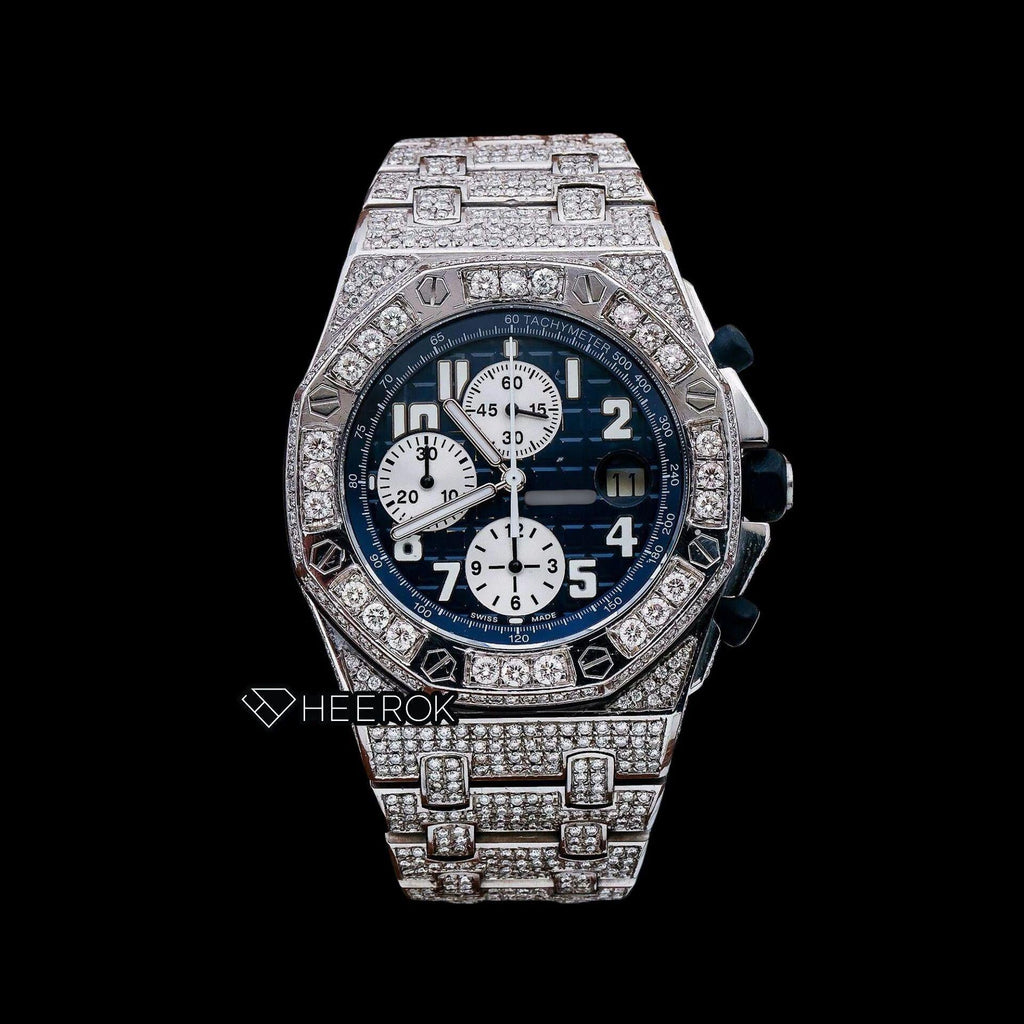 AP Royal Oak Offshore Chronograph Blue Dial White Standard Numerals Large Round Diamond Bezel Fully Iced Out Moissanite Watch