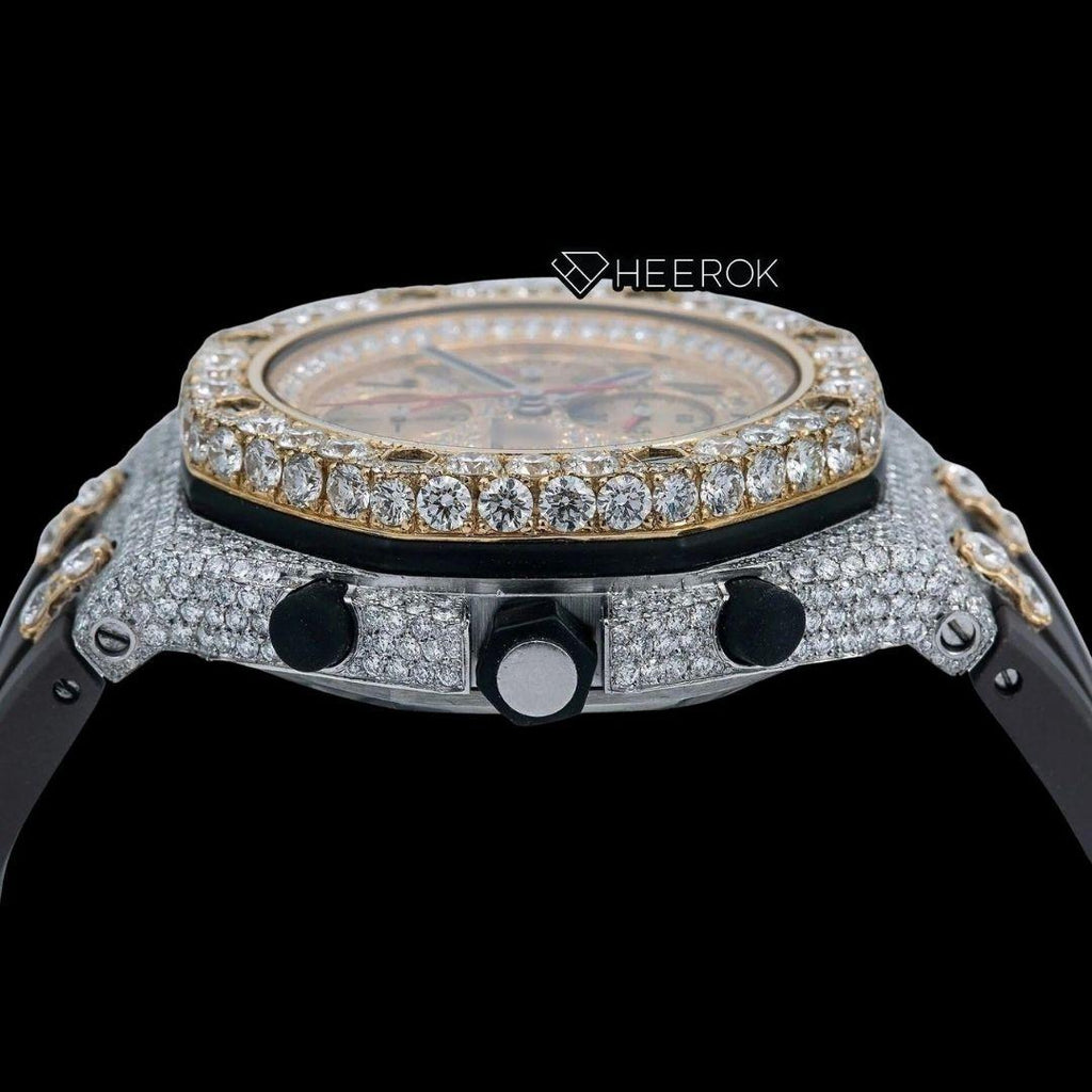AP Royal Oak Offshore Chronograph Diamond Dial Black Standard Numerals Large Round Diamond Bezel Black Rubber Strap Semi Iced Out Moissanite Watch