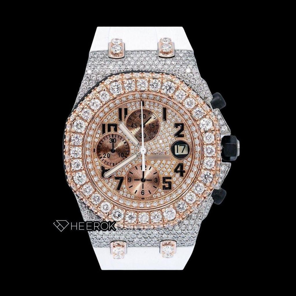 AP Royal Oak Offshore Chronograph Diamond Dial Black Standard Numerals Rose Gold Large Round Diamond Bezel White Rubber Strap Semi Iced Out Moissanite Watch