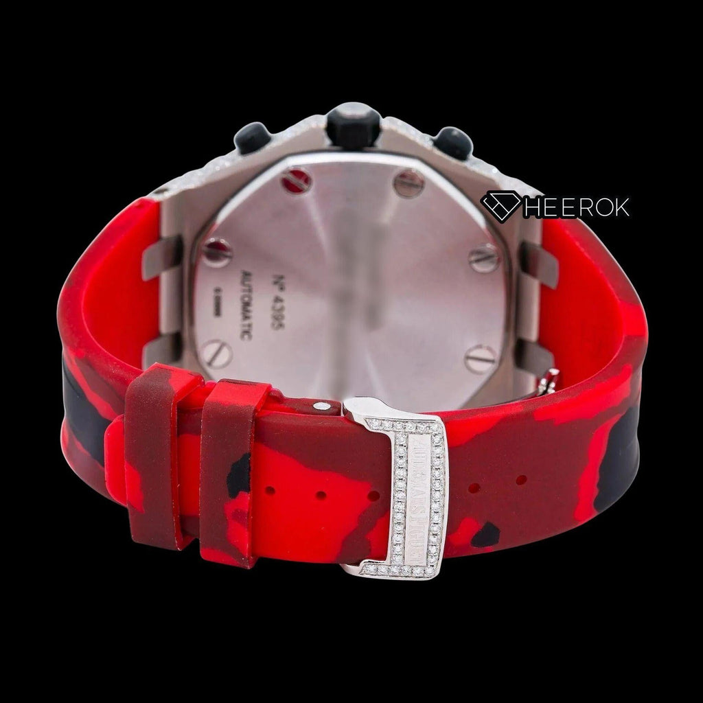 AP Royal Oak Offshore Chronograph Diamond Dial Standard Numerals Large Round Diamond Rose Gold Bezel Red Black Camouflage Rubber Strap Semi Iced Out Moissanite Watch