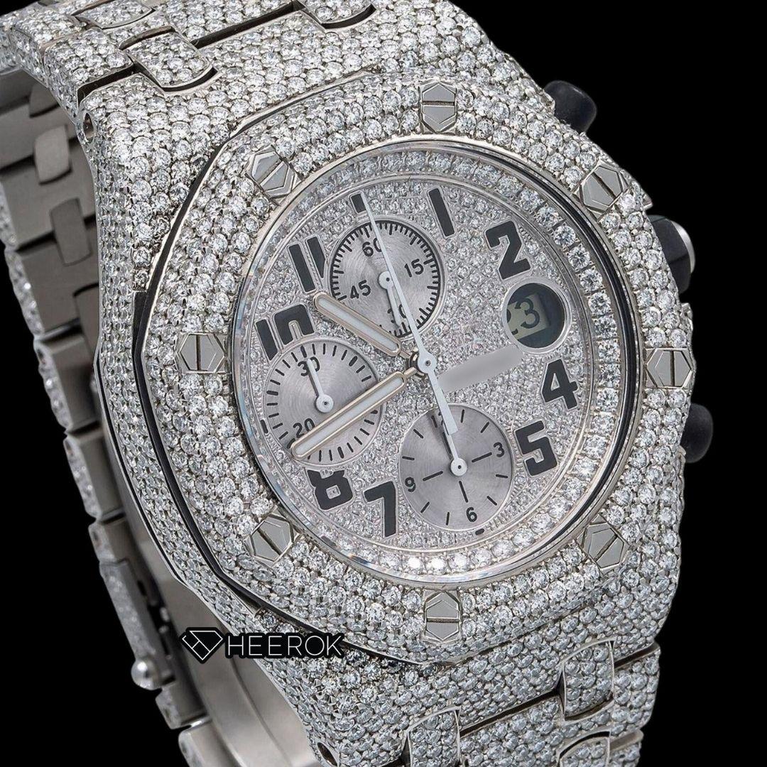 AP Royal Oak Offshore Chronograph Full Pave Diamond Dial Black Standard Numerals Diamond Bezel Fully Iced Out Moissanite Watch