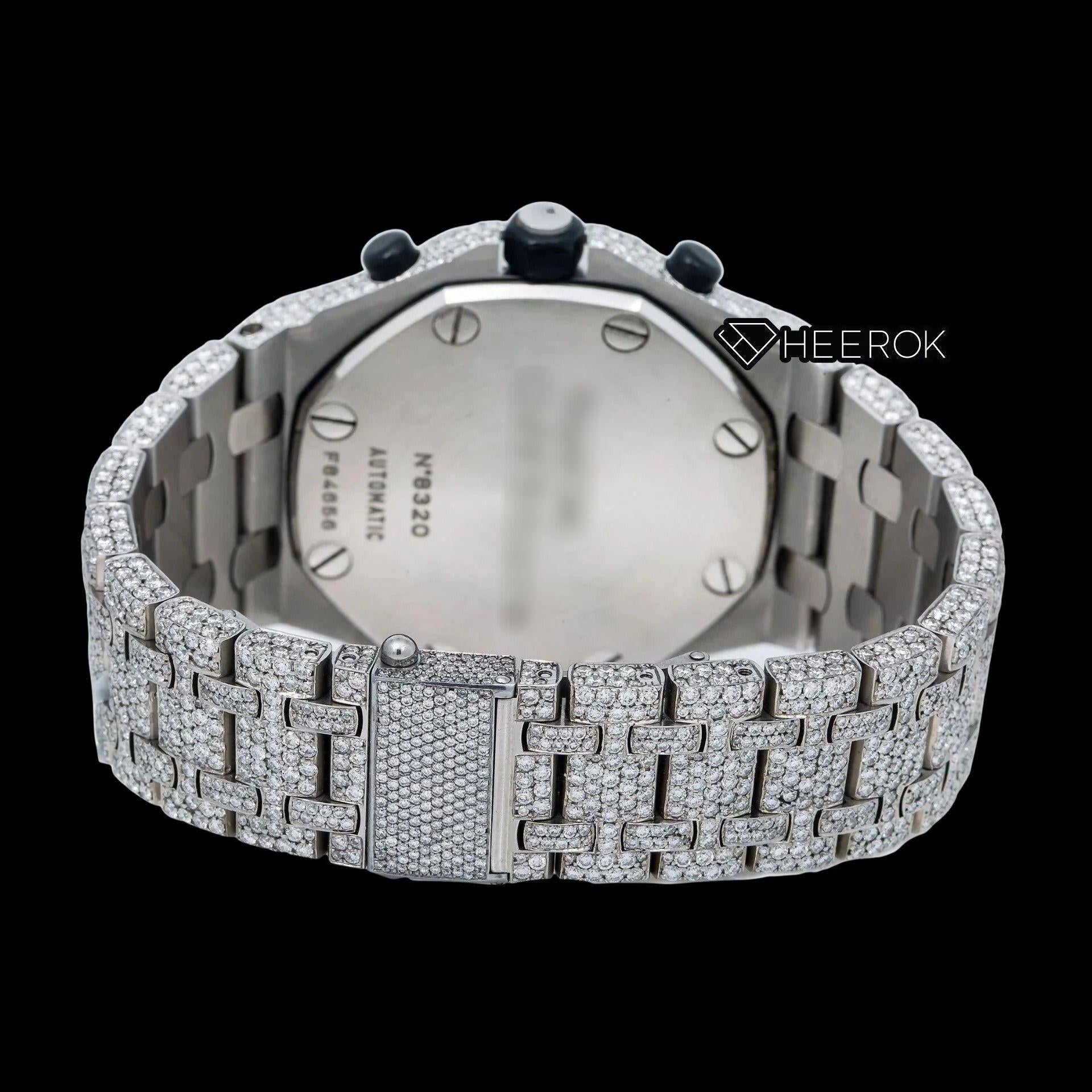 AP Royal Oak Offshore Chronograph Grey Dial White Standard Numerals Diamond Bezel Fully Iced Out Moissanite Watch