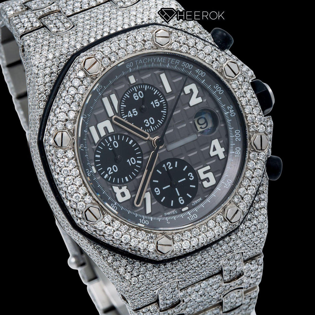 AP Royal Oak Offshore Chronograph Grey Dial White Standard Numerals Diamond Bezel Fully Iced Out Moissanite Watch