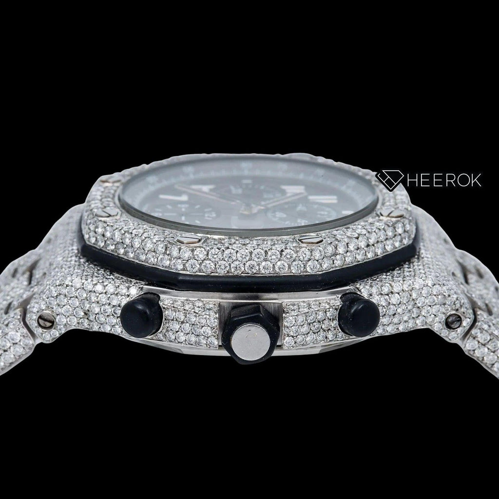 AP Royal Oak Offshore Chronograph Grey Dial White Standard Numerals Diamond Bezel Fully Iced Out Moissanite Watch