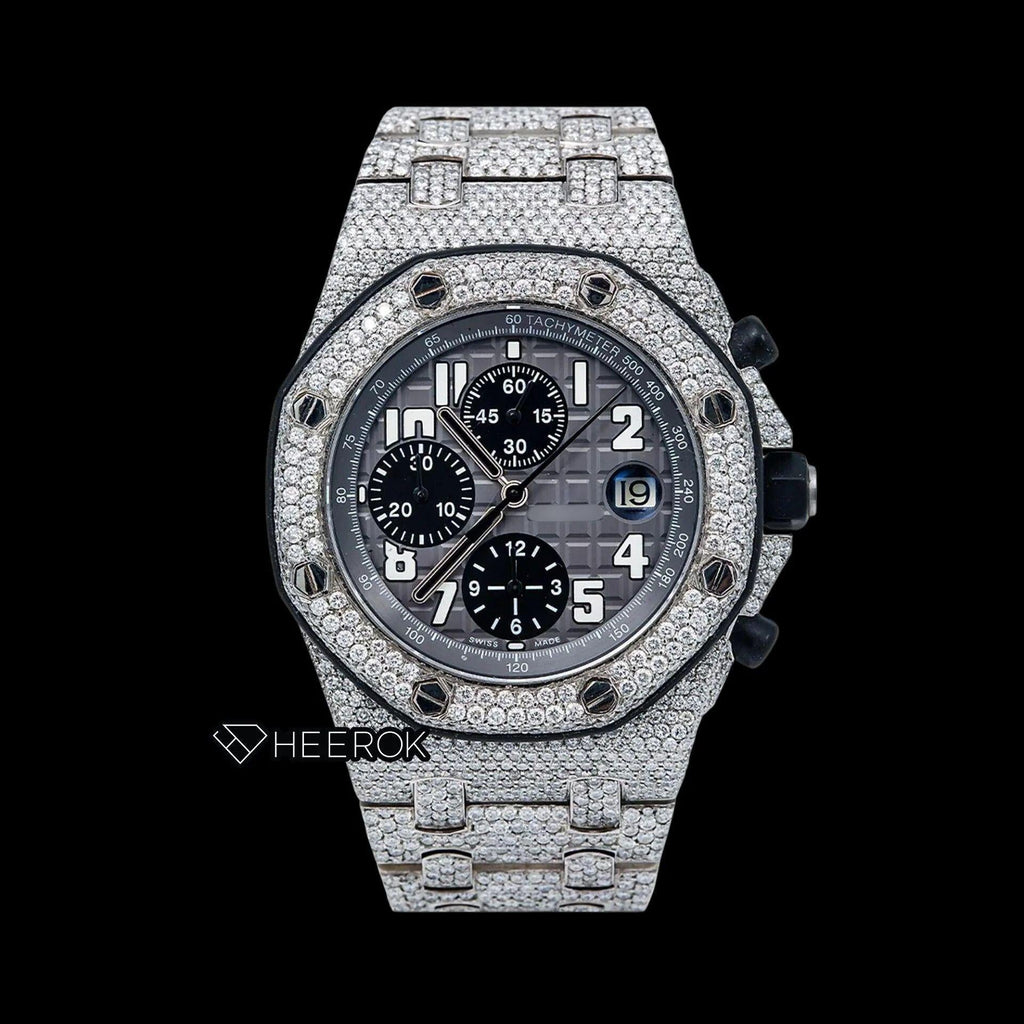 AP Royal Oak Offshore Chronograph Grey Dial White Standard Numerals Diamond Bezel Fully Iced Out Moissanite Watch