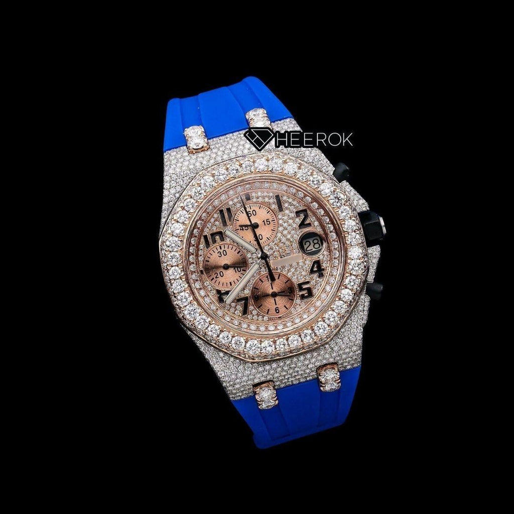AP Royal Oak Offshore Chronograph Pave Diamond Dial Black Standard Numerals Large Round Diamond Rose Gold Bezel Blue Rubber Strap Semi Iced Out Moissanite Watch