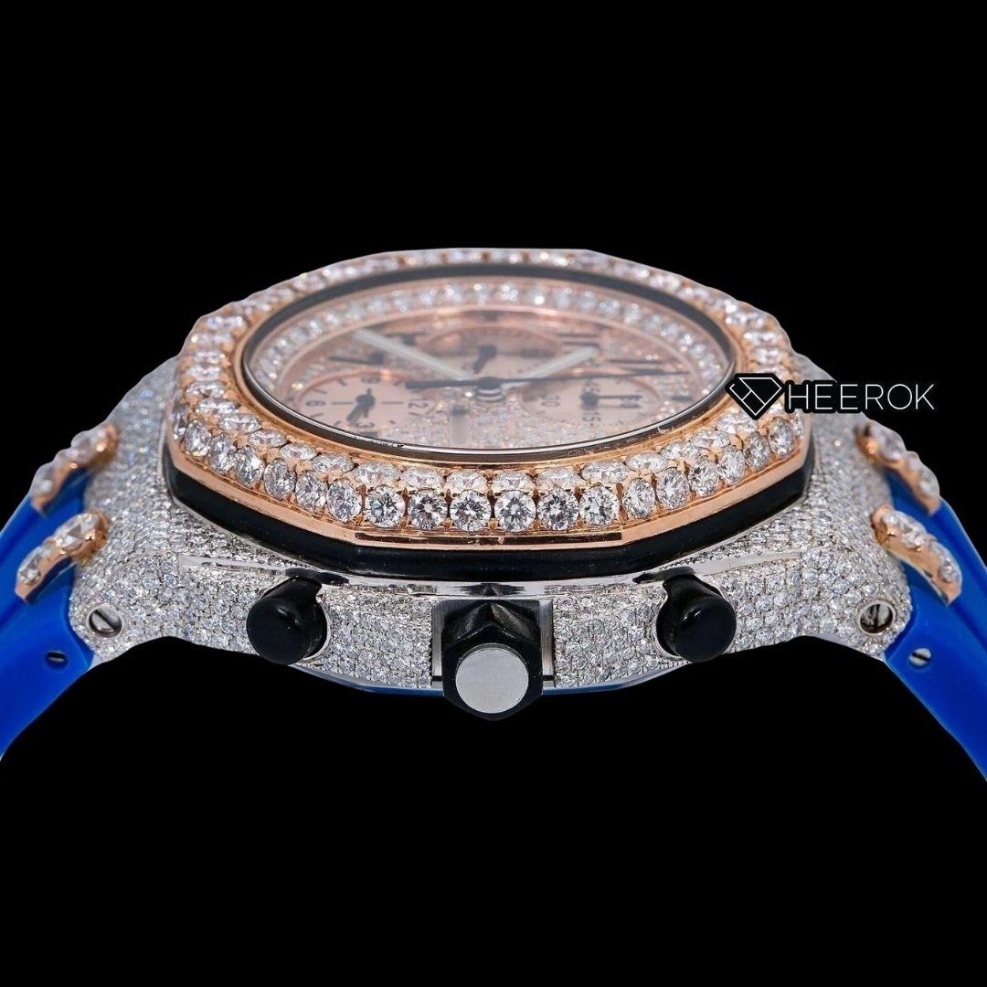 AP Royal Oak Offshore Chronograph Pave Diamond Dial Black Standard Numerals Large Round Diamond Rose Gold Bezel Blue Rubber Strap Semi Iced Out Moissanite Watch