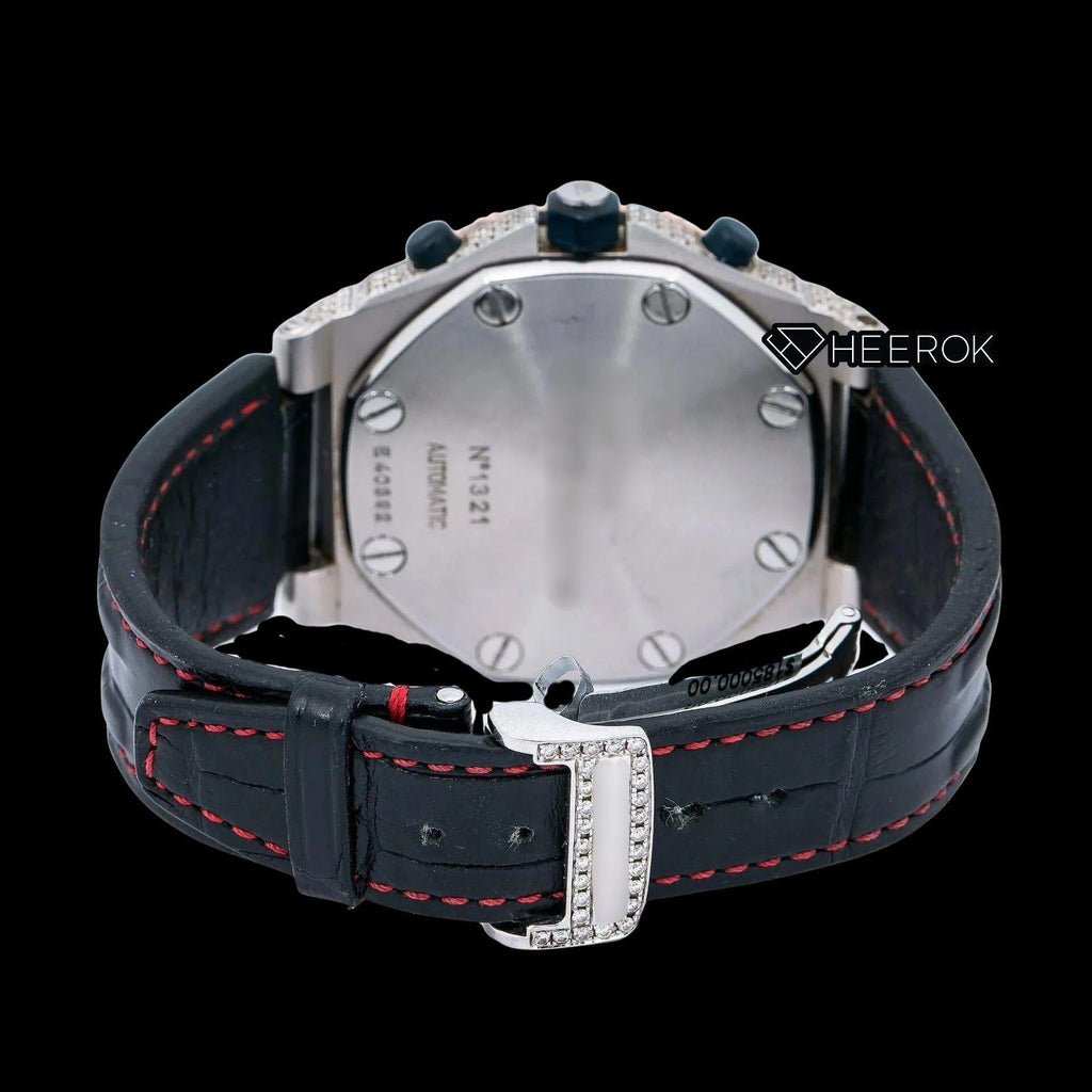 AP Royal Oak Offshore Chronograph Pave Diamond Dial Black Standard Numerals Rose Gold Diamond Bezel Black Leather Strap Semi Iced Out Moissanite Watch