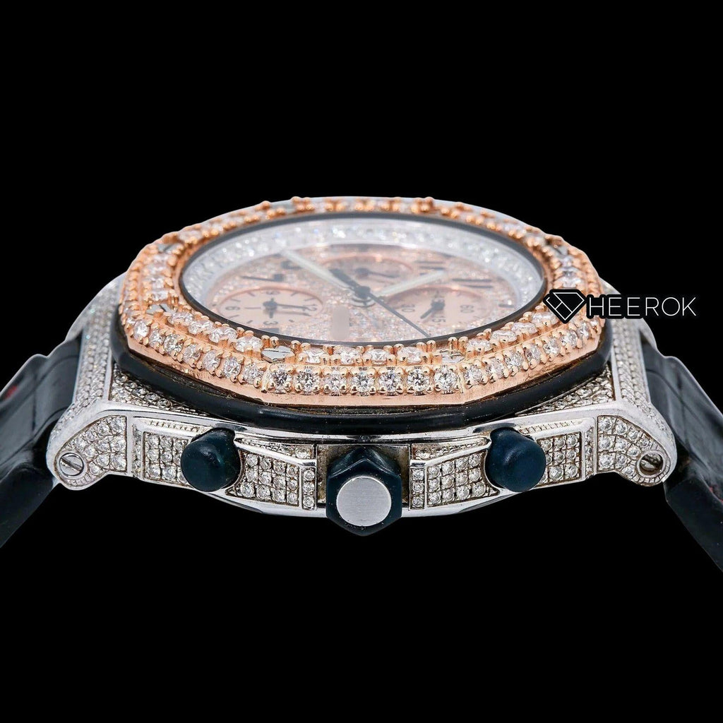 AP Royal Oak Offshore Chronograph Pave Diamond Dial Black Standard Numerals Rose Gold Diamond Bezel Black Leather Strap Semi Iced Out Moissanite Watch
